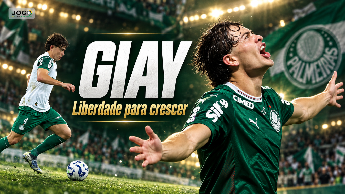 Arte de Agustín Giay no Palmeiras, comemorando e conduzindo a bola, com o título “Liberdade para crescer”.