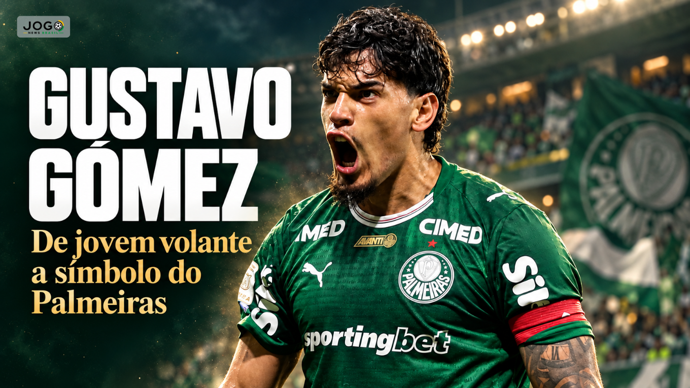 Gustavo Gómez com uniforme do Palmeiras e braçadeira de capitão, em estádio iluminado, ao lado do título “De jovem volante a símbolo do Palmeiras”.
