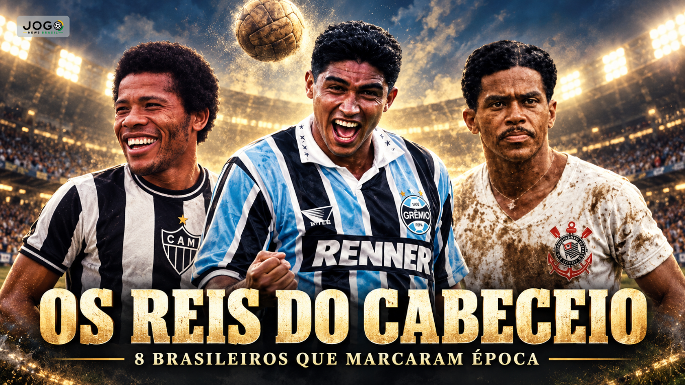 Ilustração de Dadá Maravilha, Jardel e Baltazar em um estádio, na capa do ranking dos maiores cabeceadores brasileiros.