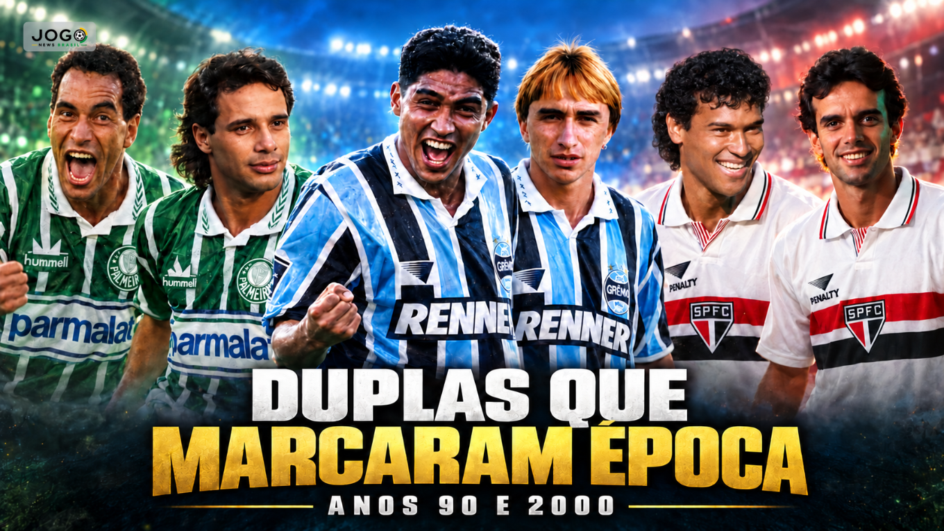 Ilustração de Evair, Edmundo, Jardel, Paulo Nunes, Müller e Palhinha, representando duplas de ataque históricas do futebol brasileiro nos anos 90 e 2000.