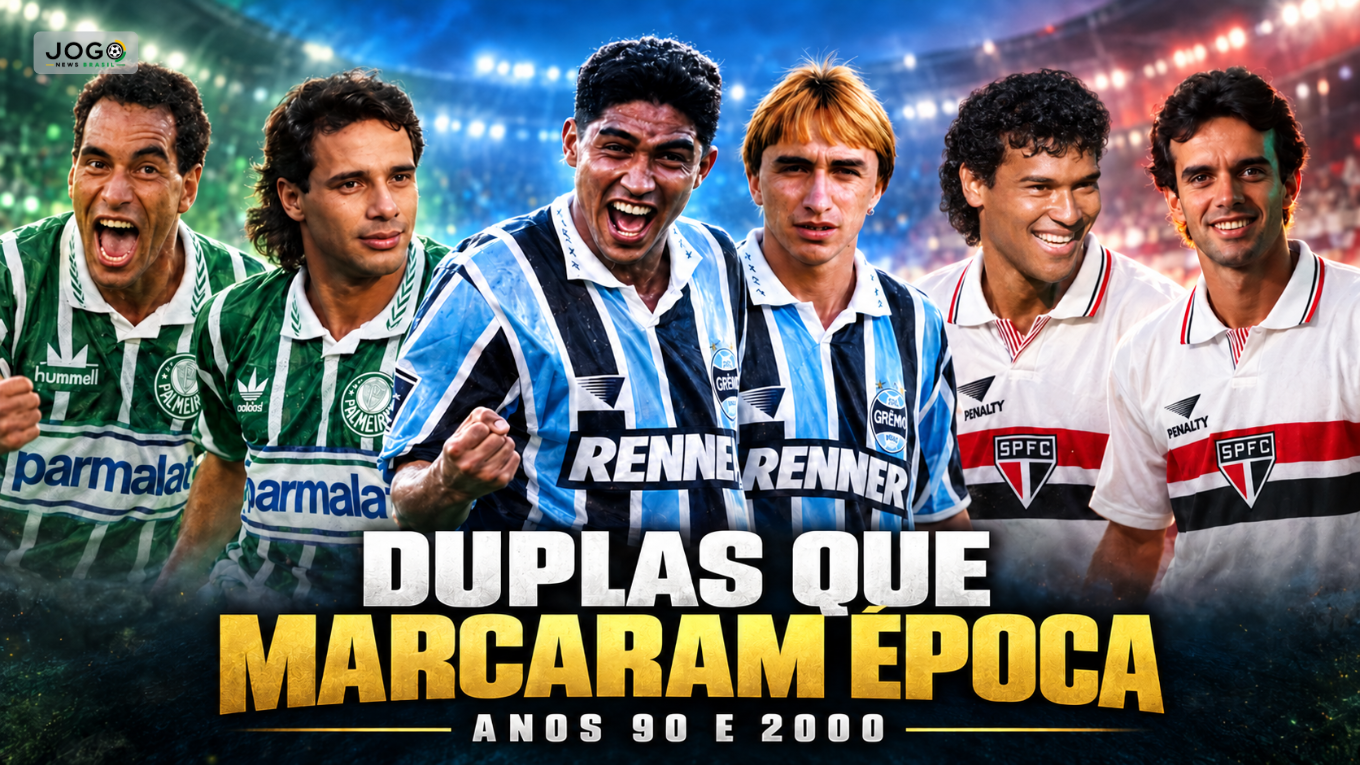 Ilustração de Evair, Edmundo, Jardel, Paulo Nunes, Müller e Palhinha, representando duplas de ataque históricas do futebol brasileiro nos anos 90 e 2000.